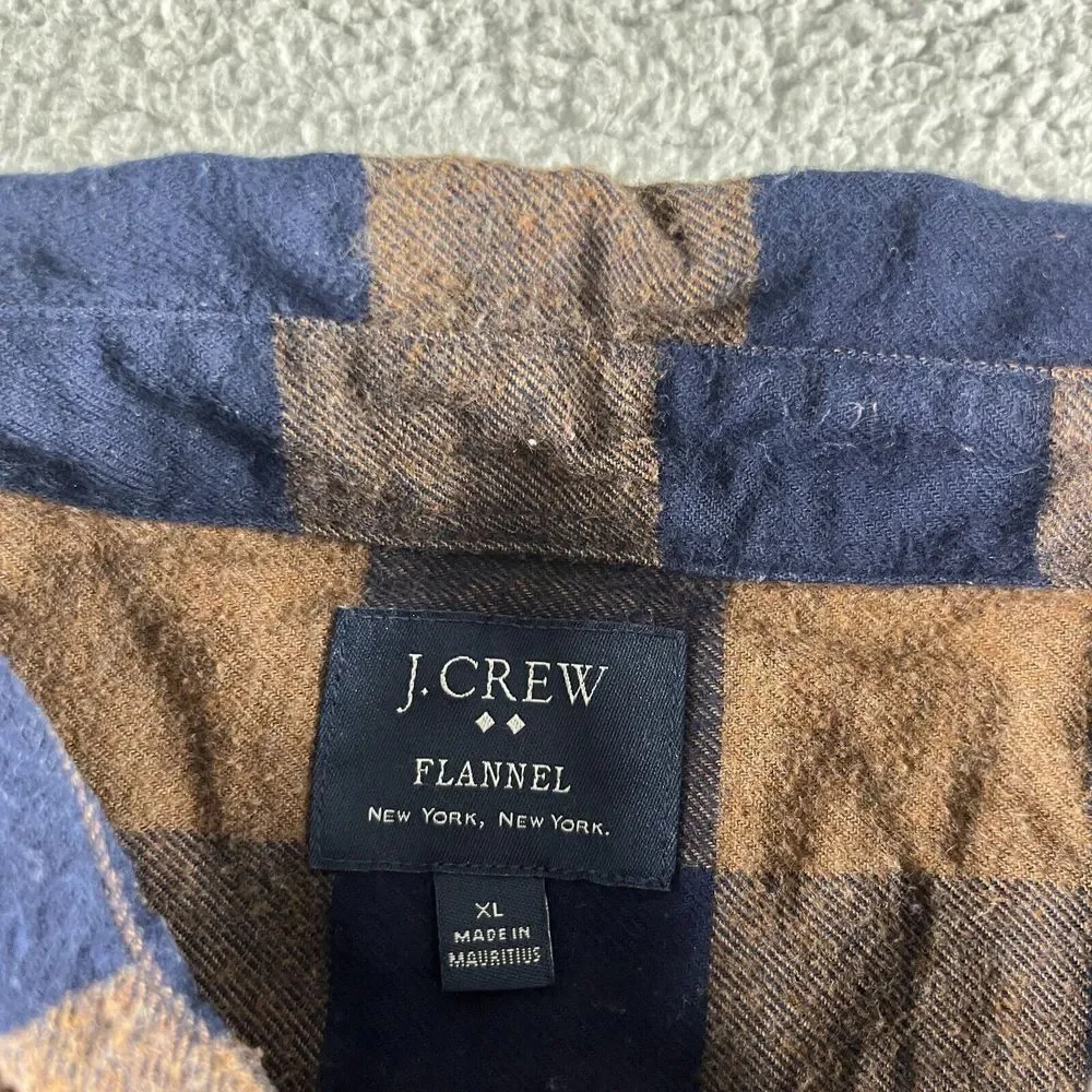 J. Crew Shirt Mens Extra Large Blue Brown‎ Check Flannel Button Up Midweight